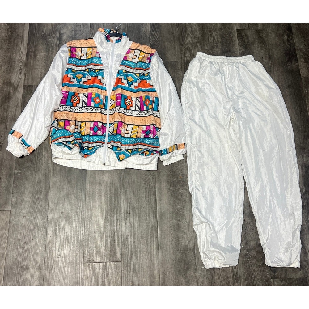 Laura Katherine Tracksuit Womens M Set White Geometric 90s Windbreaker Nylon